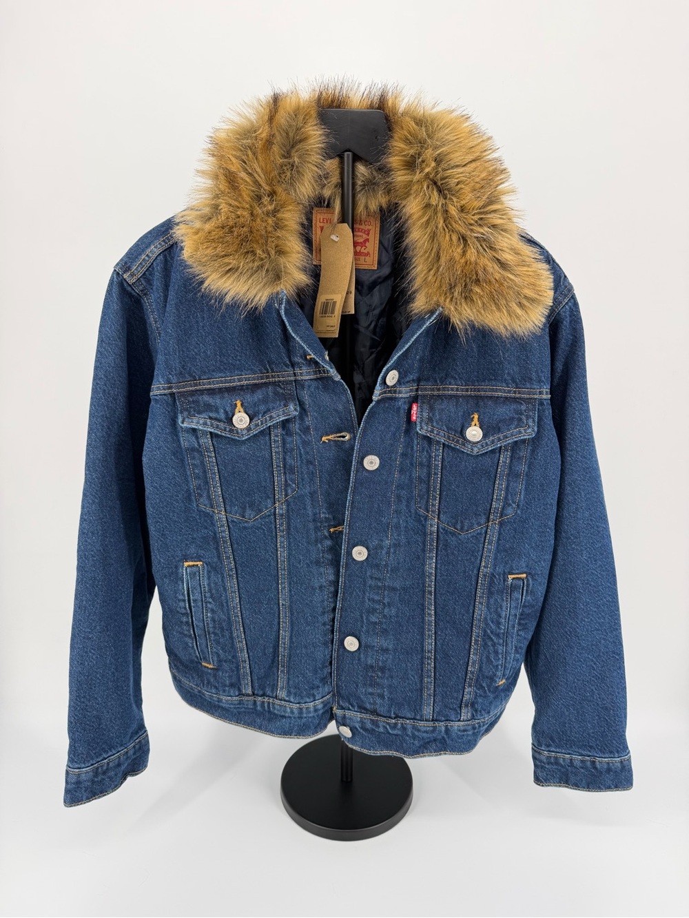 Levi’s Ex-Boyfriend Denim Trucker Jacket Faux Fur Collar Women L NWT